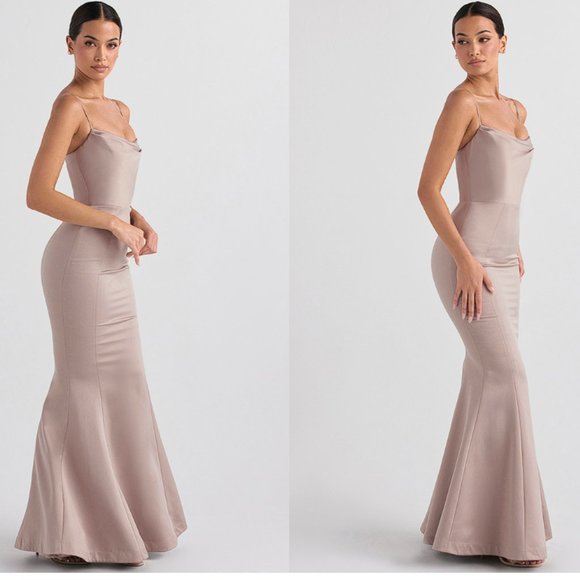 HOUSE OF CB 'Violette' Mushroom Satin Fishtail Maxi Gown NWOT - Picture 4 of 10